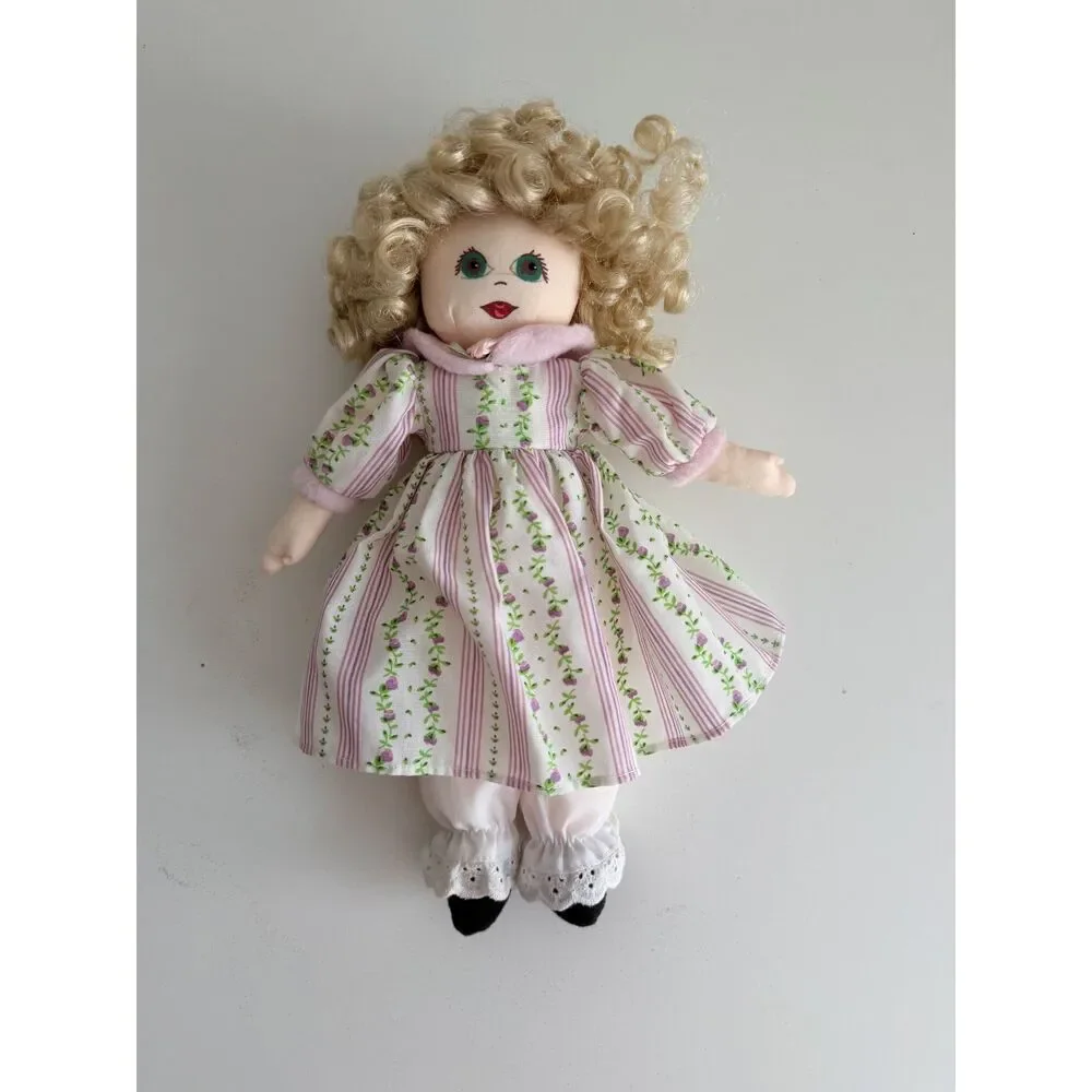 Vintage Style Cloth Rag Doll Blonde Curly Hair Floral Prairie Dress Bloomers 11